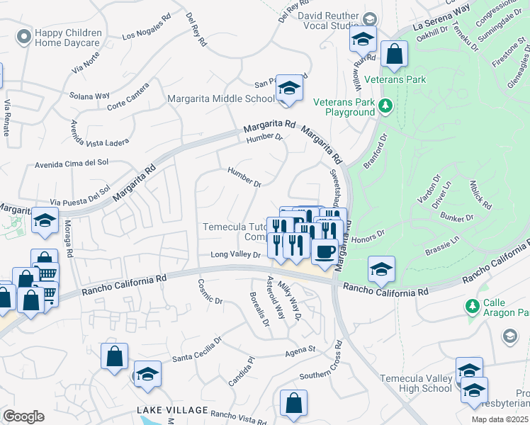map of restaurants, bars, coffee shops, grocery stores, and more near 30416 Danube Court in Temecula