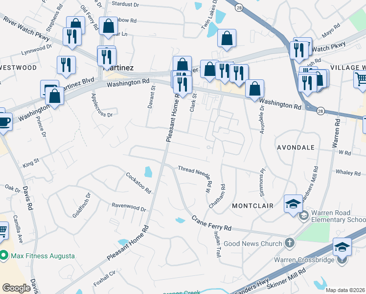 map of restaurants, bars, coffee shops, grocery stores, and more near 40 Tiburon Trail in Augusta