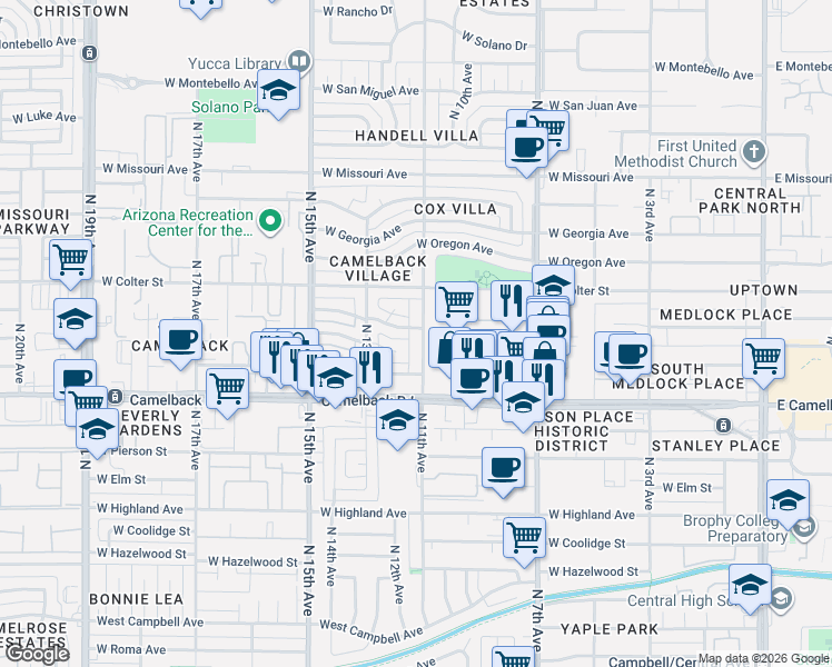 map of restaurants, bars, coffee shops, grocery stores, and more near 5102 North 11th Avenue in Phoenix
