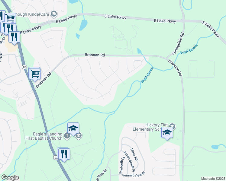 map of restaurants, bars, coffee shops, grocery stores, and more near 1037 Arbor Way in McDonough
