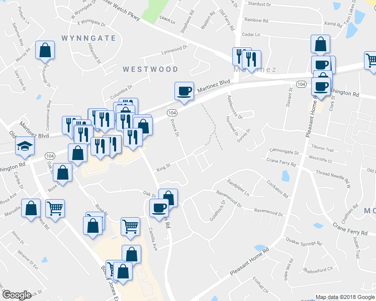 map of restaurants, bars, coffee shops, grocery stores, and more near 132 Prince Drive in Martinez
