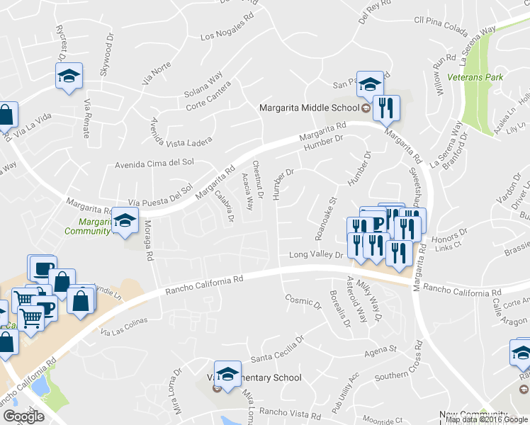 map of restaurants, bars, coffee shops, grocery stores, and more near 42156 Chestnut Drive in Temecula