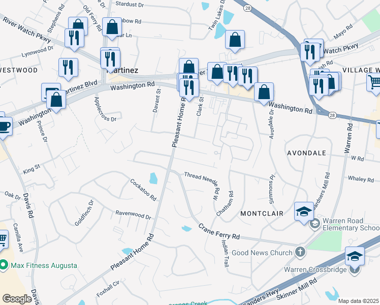 map of restaurants, bars, coffee shops, grocery stores, and more near 40 Tiburon Trail in Augusta