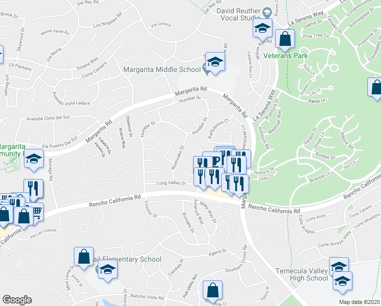 map of restaurants, bars, coffee shops, grocery stores, and more near 30406 Danube Court in Temecula