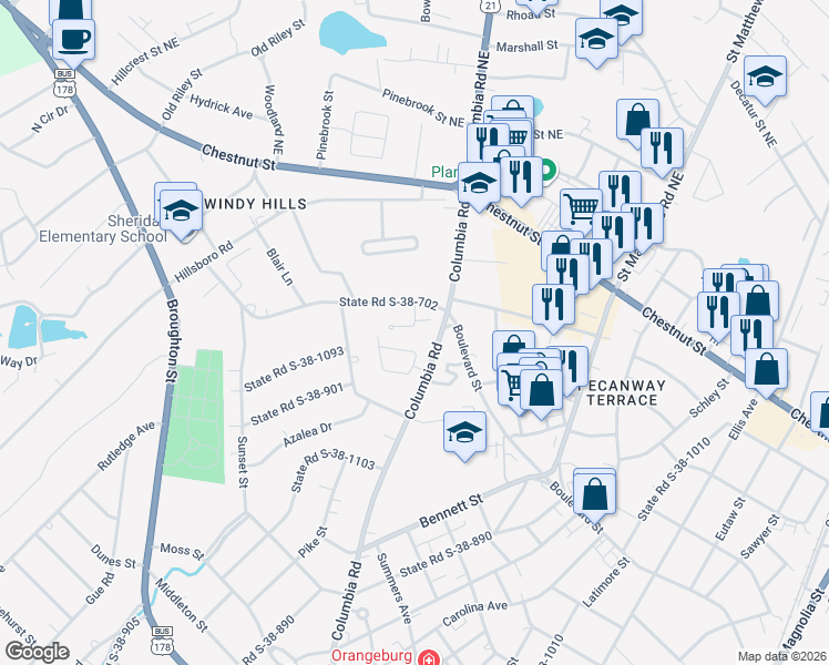 map of restaurants, bars, coffee shops, grocery stores, and more near 117 Wellsgrove Lane in Orangeburg