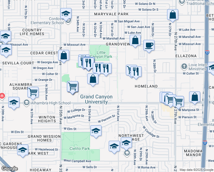 map of restaurants, bars, coffee shops, grocery stores, and more near 3300 West Camelback Road in Phoenix