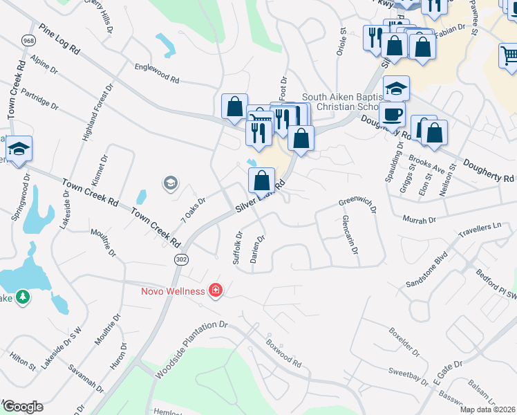 map of restaurants, bars, coffee shops, grocery stores, and more near 514 Silver Bluff Road in Aiken