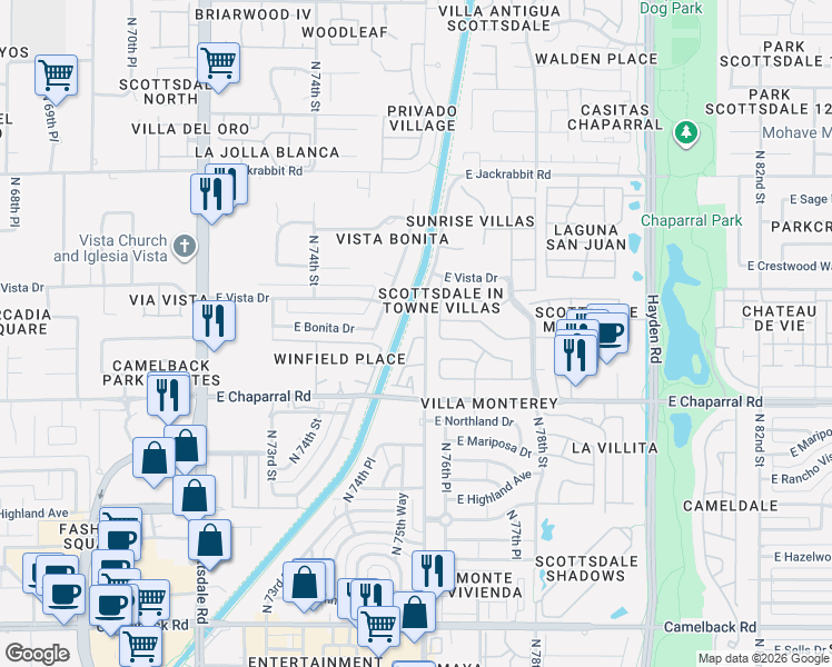 map of restaurants, bars, coffee shops, grocery stores, and more near 5114 North Miller Road in Scottsdale