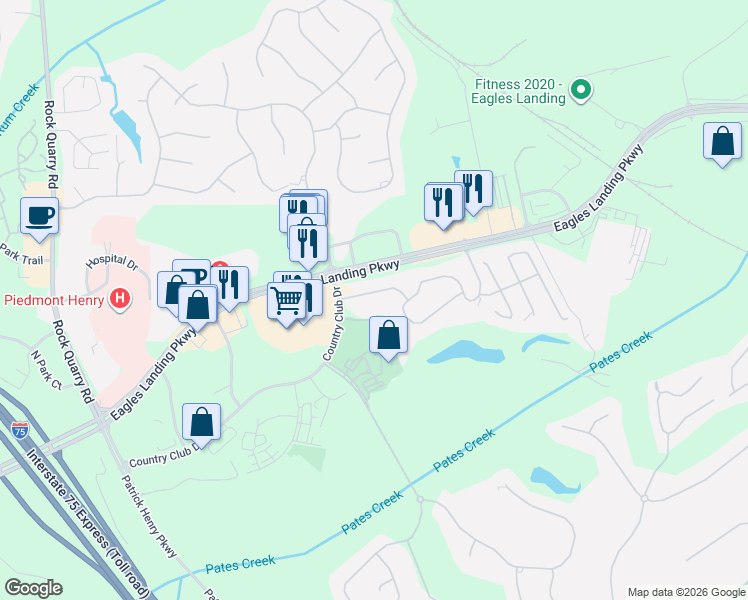 map of restaurants, bars, coffee shops, grocery stores, and more near 175 Eagles Club Drive in Stockbridge