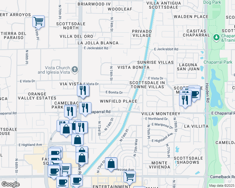 map of restaurants, bars, coffee shops, grocery stores, and more near 7417 East Bonita Drive in Scottsdale