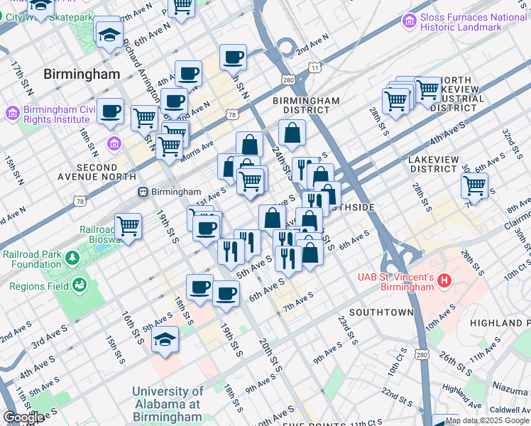 map of restaurants, bars, coffee shops, grocery stores, and more near 2217 3rd Avenue South in Birmingham
