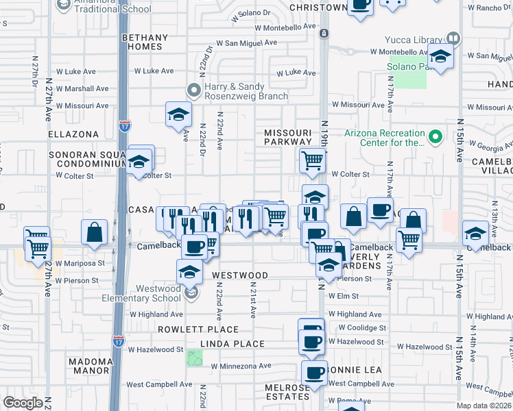 map of restaurants, bars, coffee shops, grocery stores, and more near 2046 West Medlock Drive in Phoenix