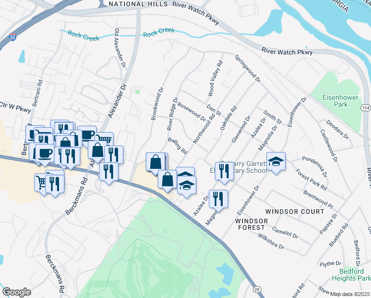 map of restaurants, bars, coffee shops, grocery stores, and more near 2701 Bolling Road in Augusta