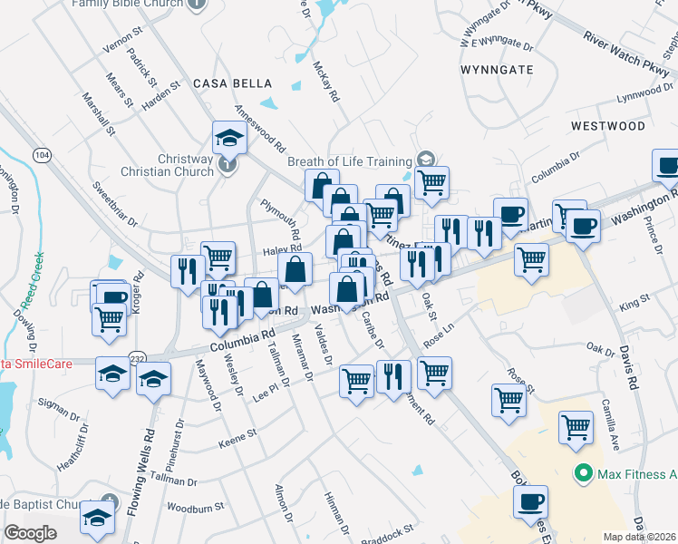 map of restaurants, bars, coffee shops, grocery stores, and more near 3913 Roberts Road in Martinez
