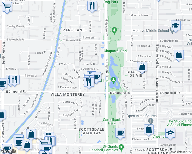 map of restaurants, bars, coffee shops, grocery stores, and more near 7934 East Bonita Drive in Scottsdale