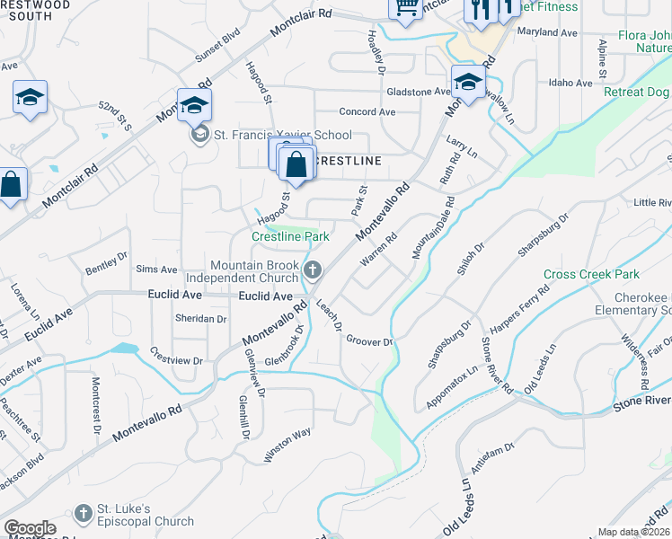 map of restaurants, bars, coffee shops, grocery stores, and more near 4225 Montevallo Road in Birmingham