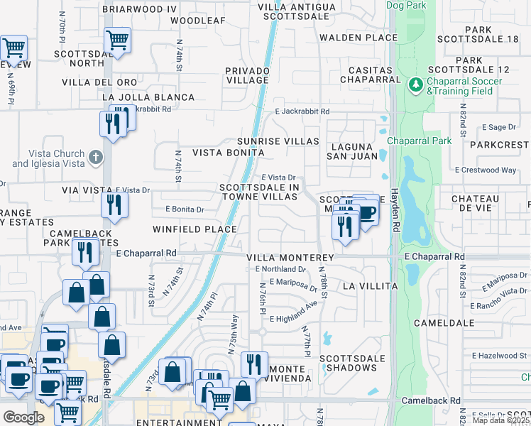 map of restaurants, bars, coffee shops, grocery stores, and more near 7624 East Bonita Drive in Scottsdale