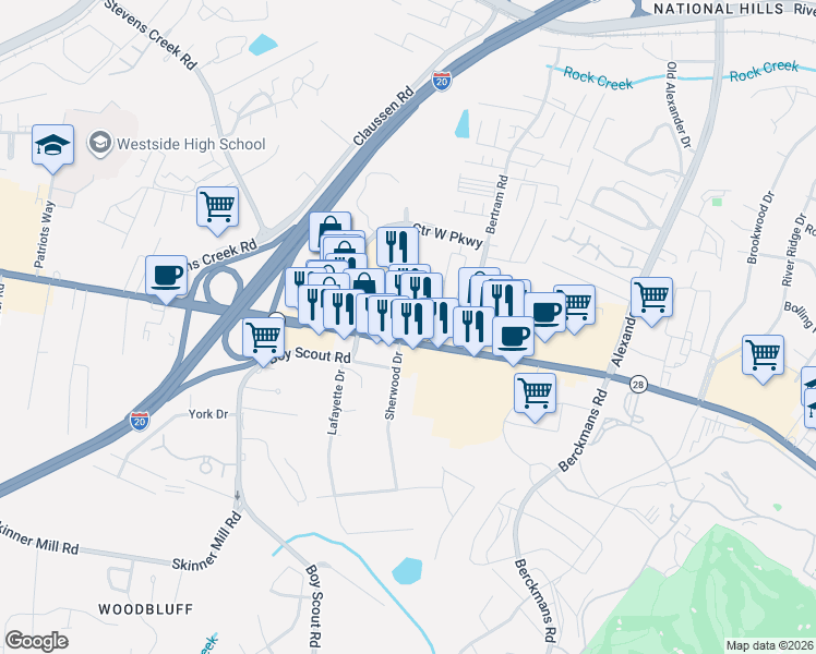 map of restaurants, bars, coffee shops, grocery stores, and more near 2849 Washington Road in Augusta
