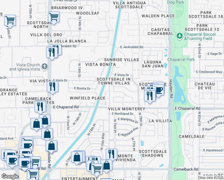 map of restaurants, bars, coffee shops, grocery stores, and more near 7624 East Bonita Drive in Scottsdale