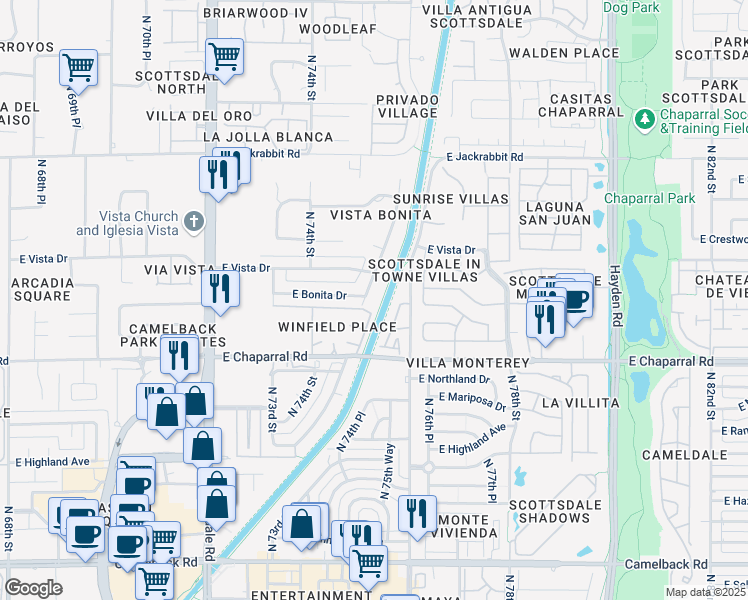 map of restaurants, bars, coffee shops, grocery stores, and more near 7443 East Bonita Drive in Scottsdale