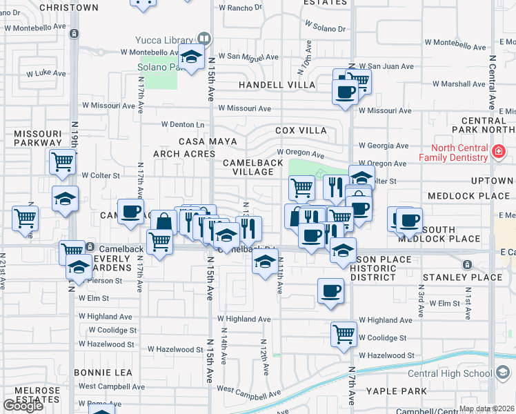 map of restaurants, bars, coffee shops, grocery stores, and more near 5105 North 13th Avenue in Phoenix