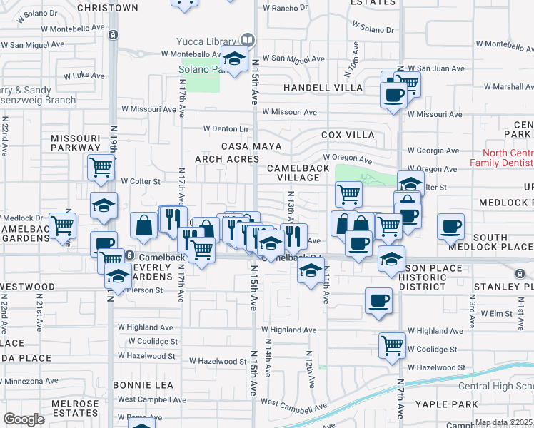 map of restaurants, bars, coffee shops, grocery stores, and more near 1415 West Medlock Drive in Phoenix