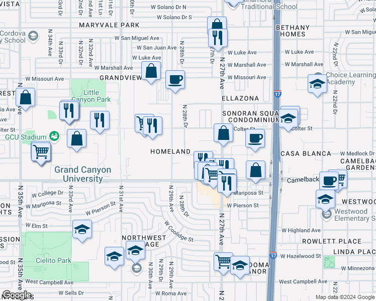 map of restaurants, bars, coffee shops, grocery stores, and more near 5102 North 28th Drive in Phoenix