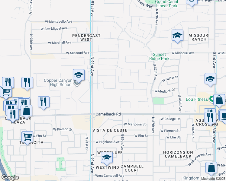 map of restaurants, bars, coffee shops, grocery stores, and more near 5121-5207 North 91st Avenue in Glendale