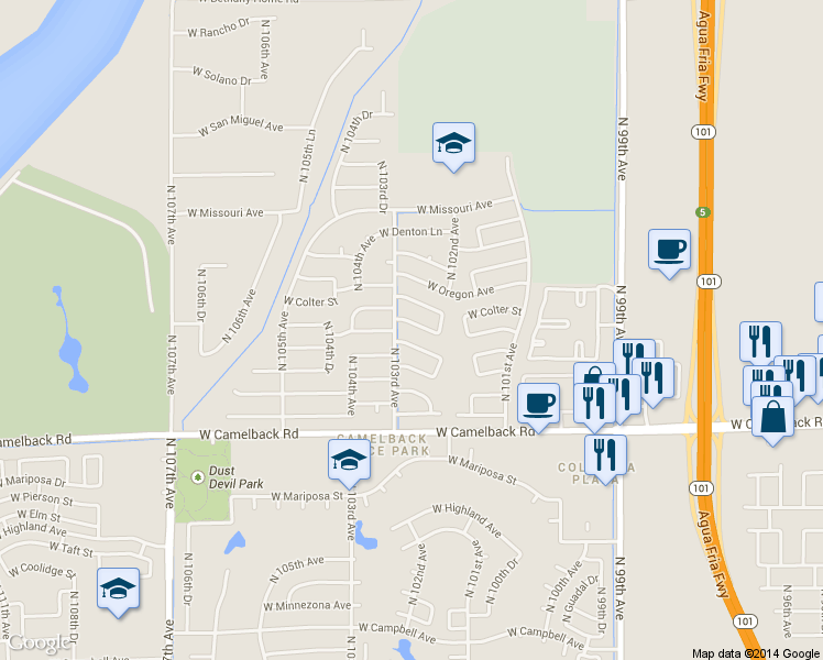 map of restaurants, bars, coffee shops, grocery stores, and more near 10264 West Medlock Drive in Glendale