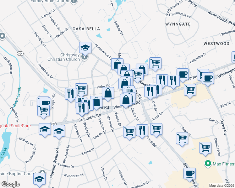 map of restaurants, bars, coffee shops, grocery stores, and more near 3913 Roberts Road in Martinez