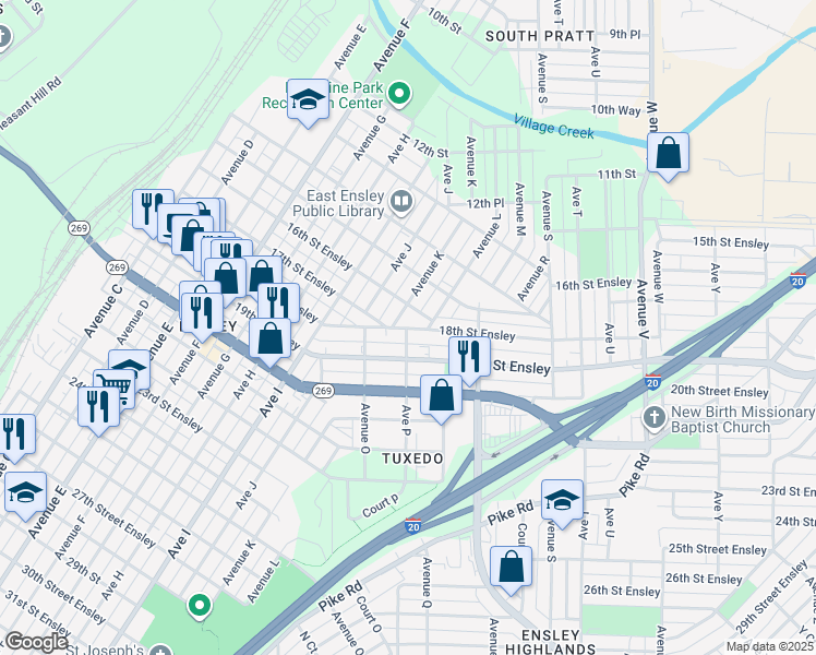 map of restaurants, bars, coffee shops, grocery stores, and more near 1802 Avenue P in Birmingham