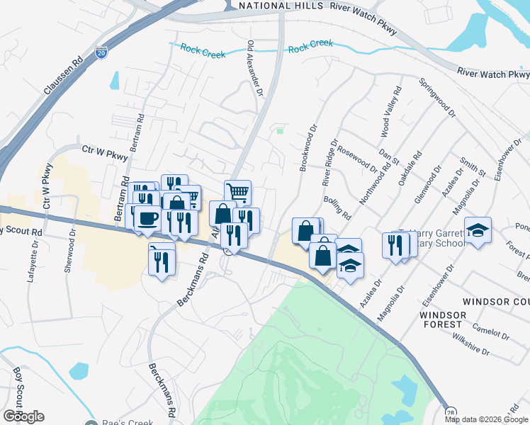 map of restaurants, bars, coffee shops, grocery stores, and more near 8 Beverly Drive in Augusta