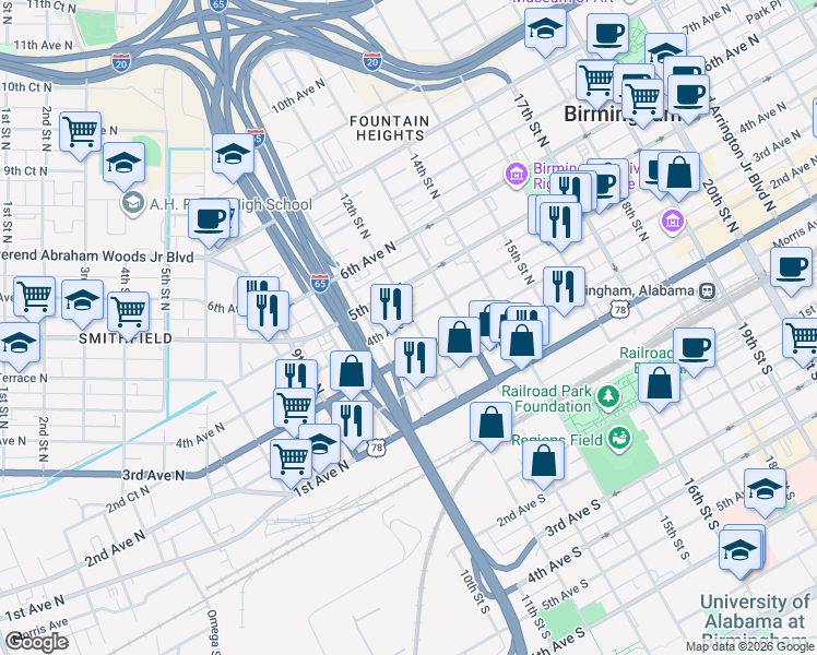 map of restaurants, bars, coffee shops, grocery stores, and more near 1129 4th Avenue North in Birmingham
