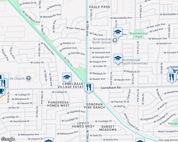 map of restaurants, bars, coffee shops, grocery stores, and more near 5173 North 74th Drive in Glendale