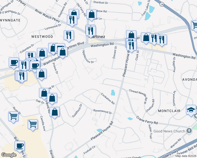 map of restaurants, bars, coffee shops, grocery stores, and more near 2214 Pleasant Drive in Augusta
