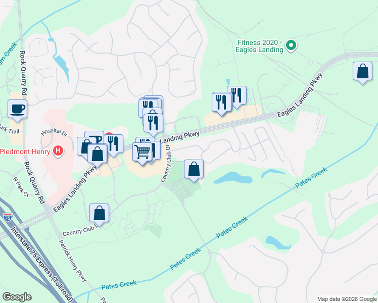 map of restaurants, bars, coffee shops, grocery stores, and more near 175 Eagles Club Drive in Stockbridge