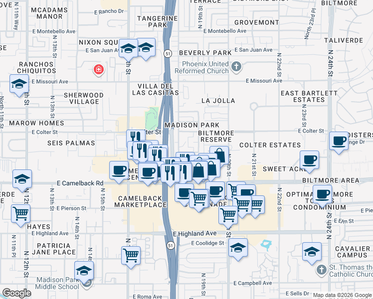 map of restaurants, bars, coffee shops, grocery stores, and more near 1814 East Medlock Drive in Phoenix