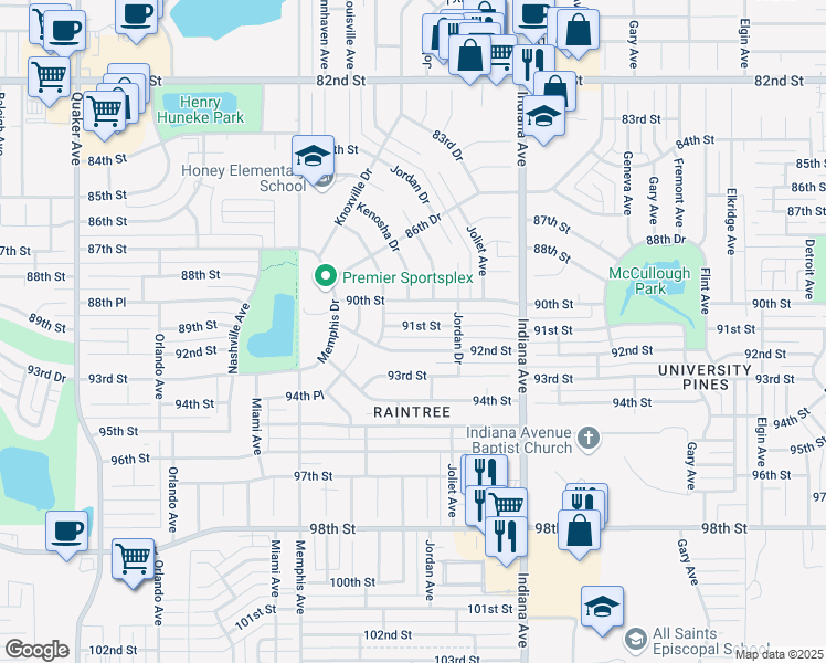map of restaurants, bars, coffee shops, grocery stores, and more near 3515 91st Street in Lubbock