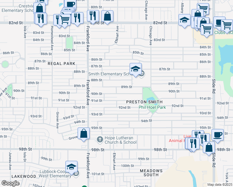 map of restaurants, bars, coffee shops, grocery stores, and more near 5598 90th Street in Lubbock