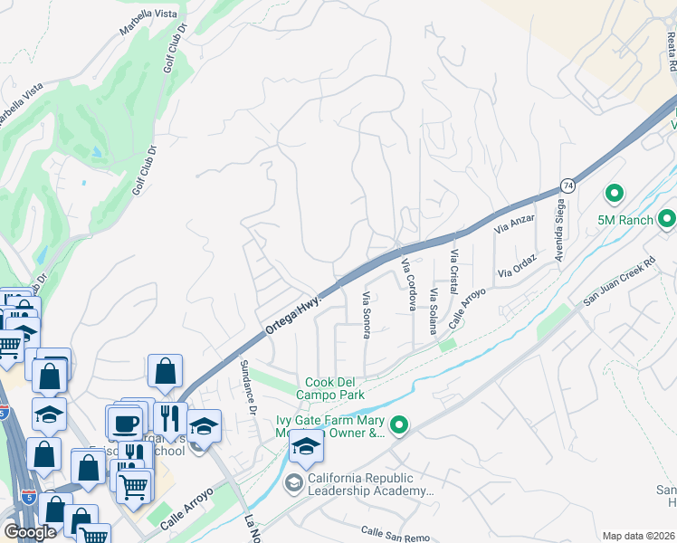 map of restaurants, bars, coffee shops, grocery stores, and more near 27703 Ortega Highway in San Juan Capistrano