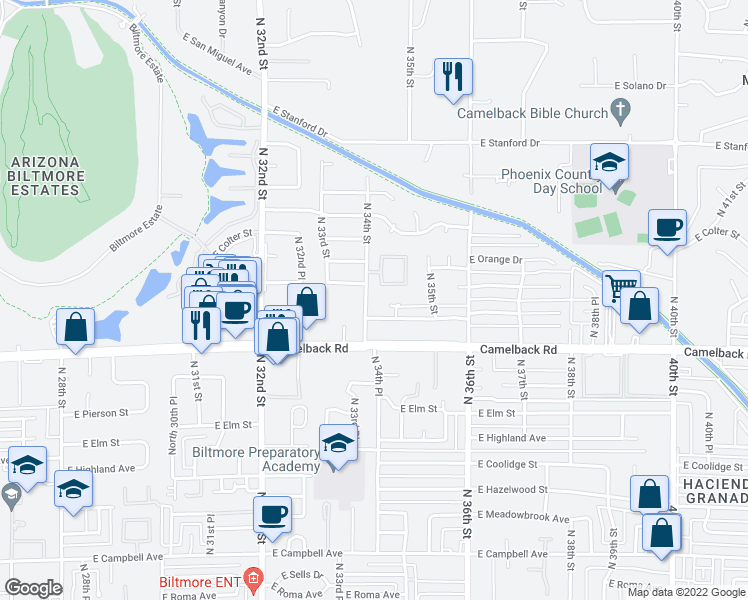 map of restaurants, bars, coffee shops, grocery stores, and more near 5041 N 34th St in Phoenix