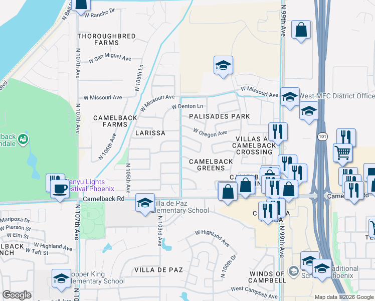 map of restaurants, bars, coffee shops, grocery stores, and more near 10264 West Medlock Drive in Glendale