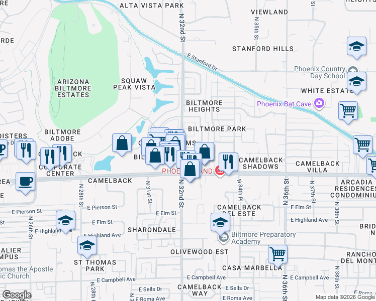 map of restaurants, bars, coffee shops, grocery stores, and more near 5055 North 32nd Street in Phoenix