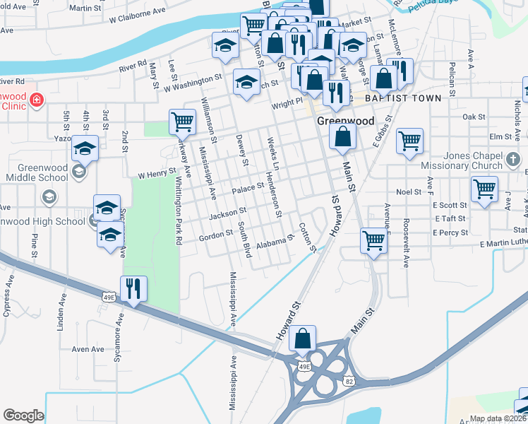 map of restaurants, bars, coffee shops, grocery stores, and more near 1005 Dewey Street in Greenwood