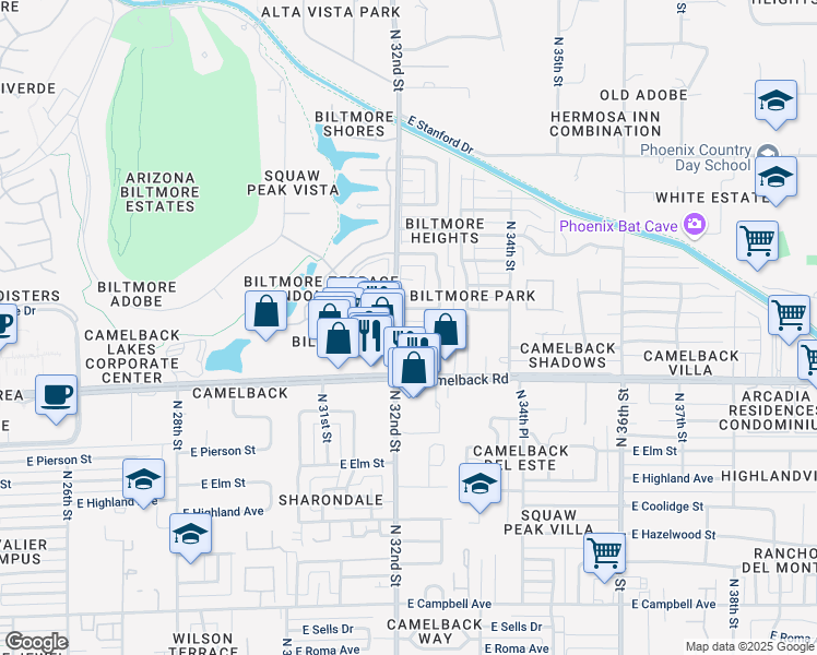 map of restaurants, bars, coffee shops, grocery stores, and more near 5055 North 32nd Street in Phoenix