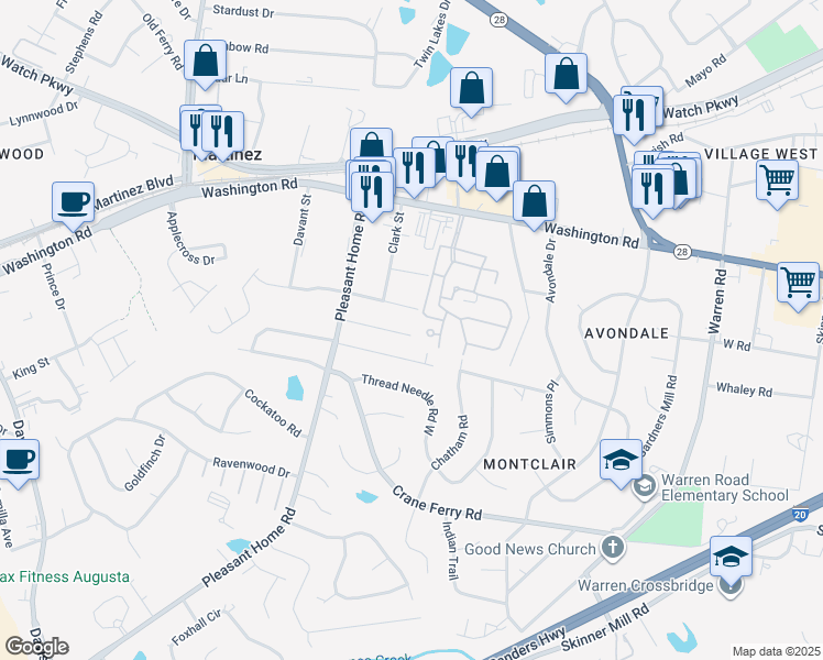 map of restaurants, bars, coffee shops, grocery stores, and more near 71 Tiburon Trail in Augusta