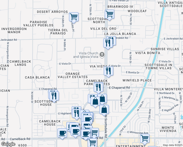 map of restaurants, bars, coffee shops, grocery stores, and more near 7042 East Orange Blossom Lane in Paradise Valley
