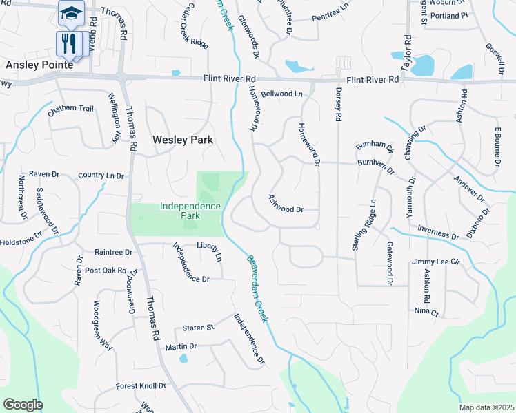 map of restaurants, bars, coffee shops, grocery stores, and more near 9067 Homewood Drive in Riverdale