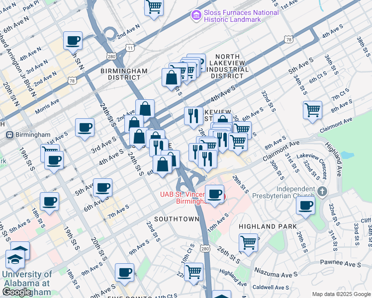 map of restaurants, bars, coffee shops, grocery stores, and more near 2624 6th Avenue South in Birmingham
