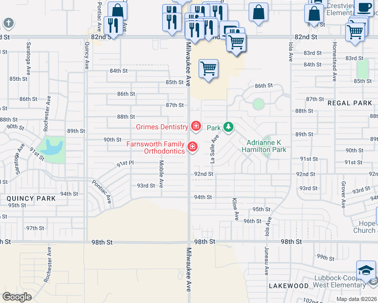 map of restaurants, bars, coffee shops, grocery stores, and more near 8253 Milwaukee Avenue in Lubbock
